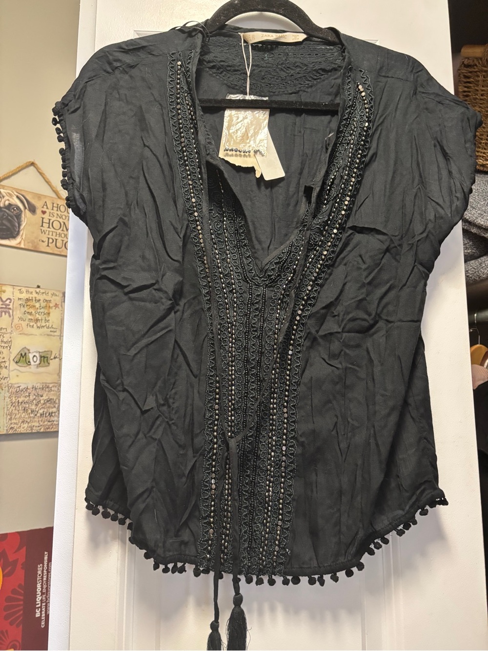Zara Black Embellished V-Neck Boho Blouse with beading